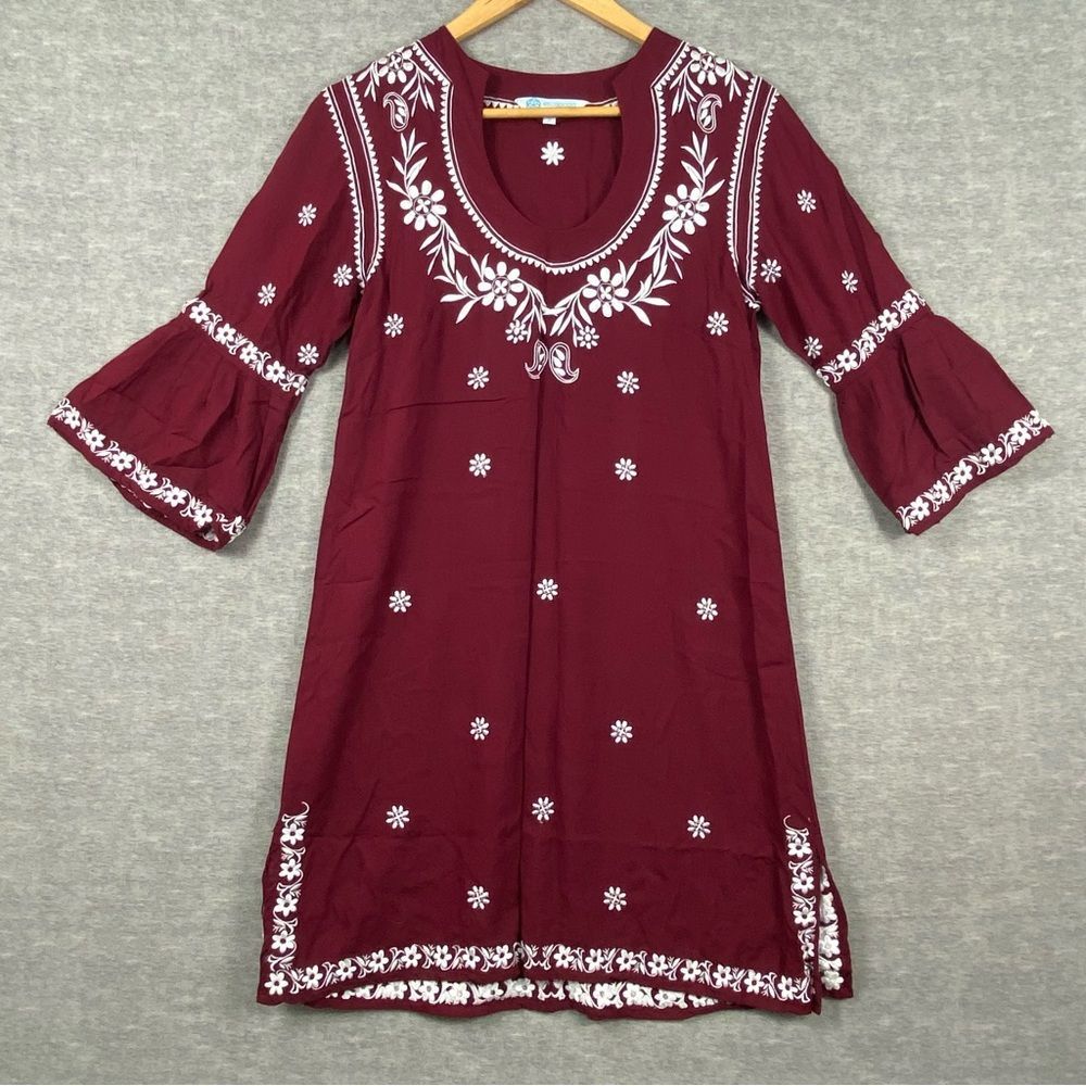 Escapada Womens Maroon/White Embroidered Floral 3/4 Ruffle Sleeve Dress‎ Midi S